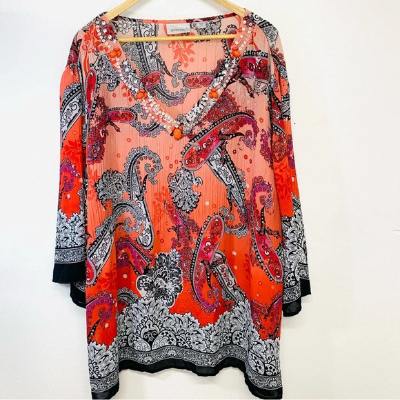Avenue Blouse Woman 22/24 Floral Colorful Beaded Flare Sleeve Boho Travel Office - Picture 1 of 10